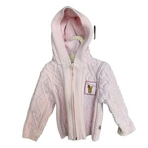 Vtg Classic Pooh Winnie the Pooh 18m Pink Cable Knit Hooded Zip Cardigan Sweater